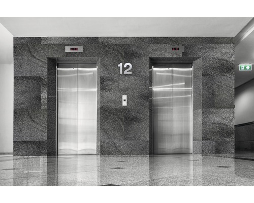 Deux ascenseurs dans un bâtiment portant le numéro 12.