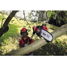 Mann mit Helm sägt Baumstamm mit einer Hochentaster Säge