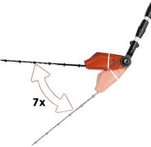 Illustration einer Heckenschere mit siebenfach verstellbarem Schneidkopf