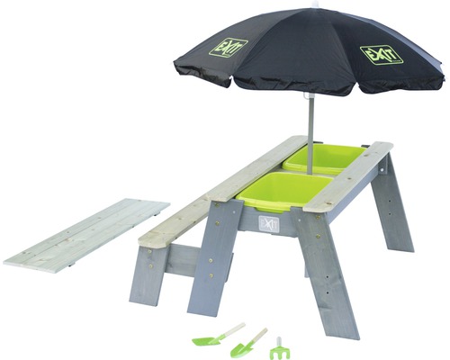Table pique-nique sable & eau EXIT Aksent Deluxe avec un banc 89x95x50 cm gris Table à sable et à eau en bois avec parasol et jouets