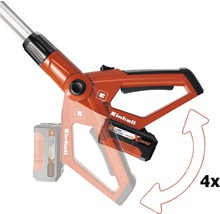 Einhell Logo. Darstellung der vierfachen Verstellbarkeit des Akku-Rasentrimmers.