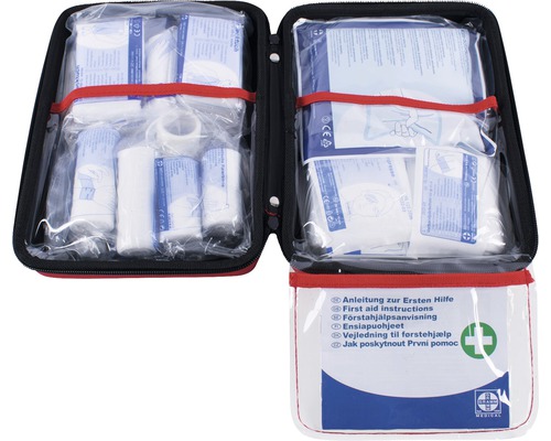 Trousse de premiers secours avec matériel de pansement et instructions