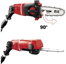 Zwei Ansichten einer Hochentaster Kettensäge mit um 90 Grad drehbarem Sägekopf.