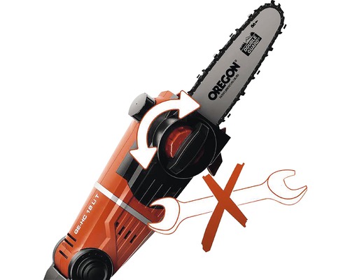 Illustration einer werkzeuglosen Kettenspannung bei einer Hochentaster Säge