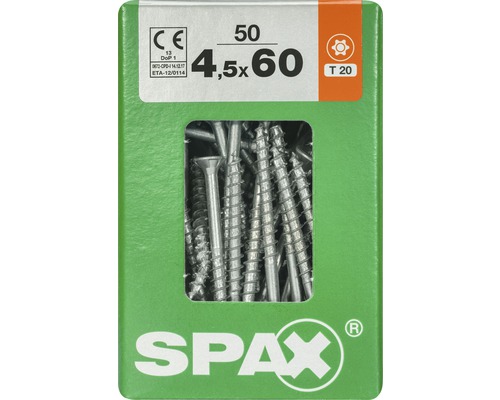 Vis de dimension 4,5x60 millimètres dans un emballage Spax vert.