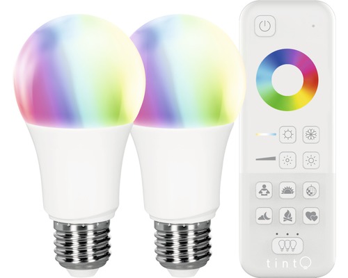 2x kit de démarrage ampoule LED intelligente tint A60 E27/9,5W(60W) 806 lm 1800- 6500 K blanc chaud - blanc lumière du jour + changement de couleur RVB avec télécommande