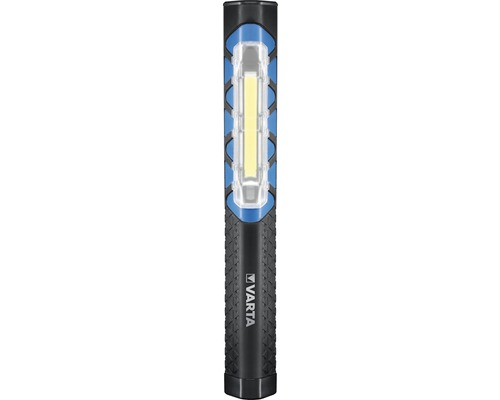 Lampe de travail lampe de poche à LED VARTA portée d'éclairage 40 m 1,5W LED avec 3x piles AAA antidérapant WORK FLEX POCKET LIGHT noir/bleu pas de roulement grâce à la forme triangulaire Varta