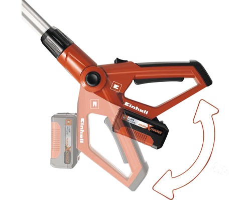 Einhell Logo. Darstellung des drehbaren Akkus an einem Gartengerät.