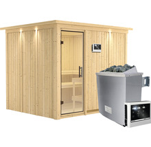 Sauna modulaire Karibu Gobina avec poêle 9 kW et commande externe avec couronne et porte entièrement vitrée transparente-thumb-3