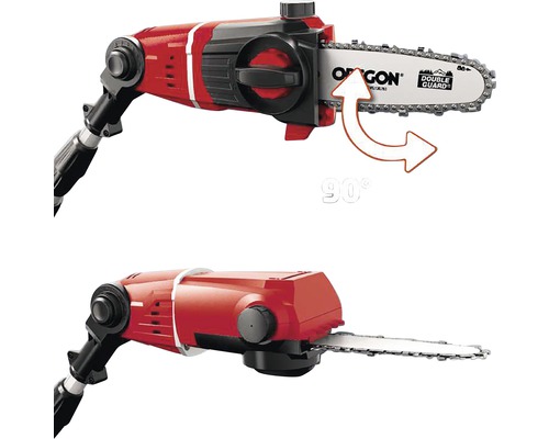 Zwei Ansichten einer Akku-Hochentaster mit um 90 Grad drehbarem Schneidkopf.