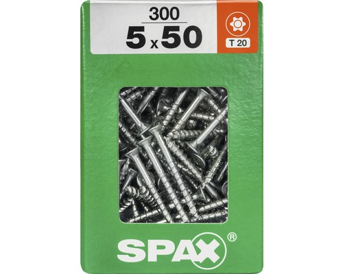 Verpackung mit 300 SPAX Schrauben, 5 x 50 Millimeter, T20 Torx Antrieb