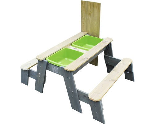 Sand-, Wasser- und Picknicktisch EXIT Aksent mit 2 Bänken 94x121x50 cm grau Kindersitzgruppe mit zwei grünen Wannen und einer Rückenlehne aus Holz