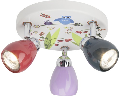 Éclairage de chambre d'enfant LED 3x2,5W 3x240 lm 3000 K Ø 31 cm Birds multicolore Plafonnier avec trois spots et motif de hibou pour chambre d''enfant