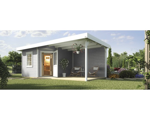 Chalet sauna Weka Salo 2 avec poêle 7,5 kW et commande numérique, avec vestibule et porte en bois avec verre isolant thermiquement gris/blanc