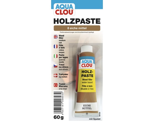 Pâte à bois mastic de rénovation pour bois chêne moyen 60 g Aqua Clou pâte à bois, teinte chêne moyen, 60 grammes