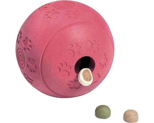 Balle rose pour chien avec empreinte de patte et distributeur de nourriture