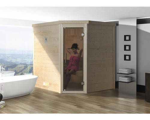 Sauna en bois massif Weka Turku d'angle GT kit 1 avec poêle 7,5 kW et commande numérique, avec porte entièrement vitrée couleur graphite