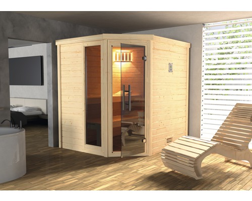 Sauna en bois massif Weka Turku d'angle GTF kit 1 avec poêle 7,5 kW et commande numérique, avec fenêtre et porte entièrement vitrée couleur graphite