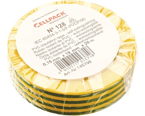 Ruban isolant PVC vert/jaune 19 mm x L 25 m Cellpack Ruban isolant jaune et vert en PVC, 0,15 mm x 19 mm x 25 m