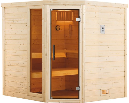 Sauna d''angle en bois avec porte en verre et panneau de commande