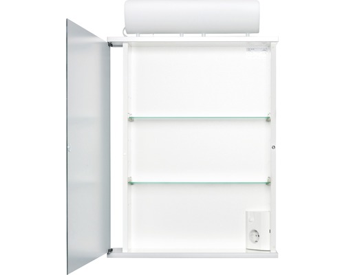 Armoire de toilette ouverte avec deux étagères en verre et prise