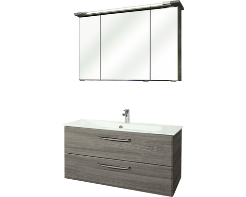 Badmöbel-Set Pelipal Kumba BxHxT 110 x 200 x 50 cm Frontfarbe graphit struktur quer mit Glas-Waschtisch weiß 99.107032519 Waschbeckenunterschrank mit zwei Schubladen und Spiegelschrank mit Beleuchtung für das Badezimmer