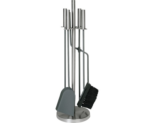 Kamingarnitur aus Metall mit Ständer, Schaufel, Besen, Schürhaken und Zange für die Reinigung und Pflege des Kamins