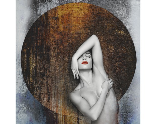 Metallbild Woman & Circle 98x98 cm Dekoratives Wandbild mit abstrakter Frauensilhouette und kreisförmigem Muster