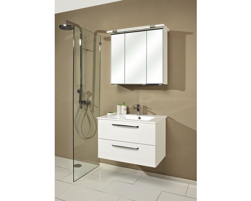 Modernes Badezimmer mit Duschkabine, Waschbeckenunterschrank und Spiegelschrank