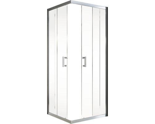 Eckdusche mit klaren Glaswänden und silberfarbenen Rahmen