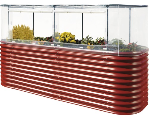Jardinière surélevée en métal avec serre et plantes