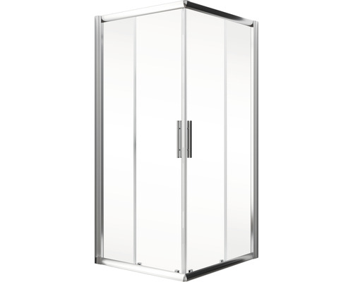 Cabine de douche d''angle avec parois en verre transparent et cadre argenté