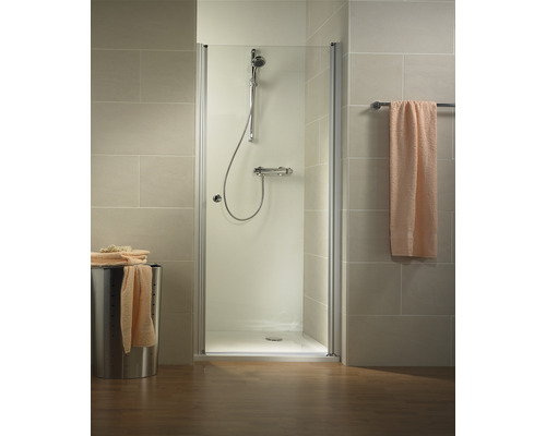 Porte de douche dans niche avec porte pivotante SCHULTE Garant ExpressPlus 90 cm couleur du profilé chrome décor de vitre verre transparent avec verre antitache butée de porte à droite