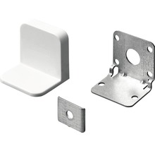 Wandbefestigung für Badheizkörper, bestehend aus einer Halterung aus Kunststoff, einem Winkel aus Metall und einer Metallscheibe