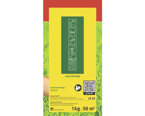 Anweisungen zur Rasensamenanwendung und QR-Code auf der Verpackung