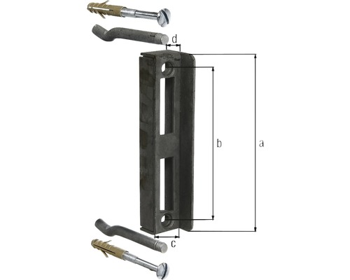 Bild mit Abmessungen für eine Metallschiene mit Schrauben und Dübeln