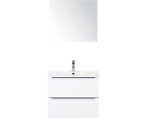 Set de meubles de salle de bains Sanox Pulse lxhxp 71 x 170 x 51 cm couleur de façade blanc haute brillance avec vasque en céramique blanc et meuble sous vasque vasque miroir