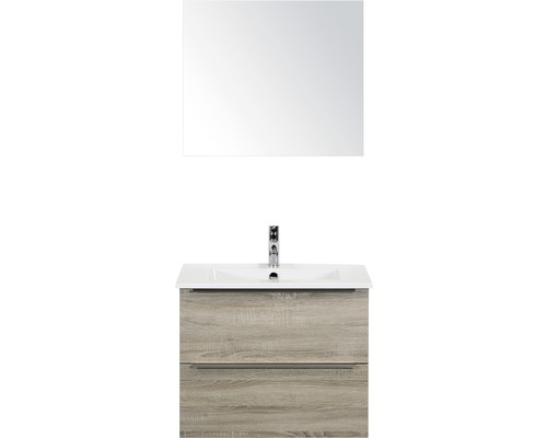 Badmöbel-Set Sanox Pulse BxHxT 71 x 170 x 51 cm Frontfarbe eiche grau mit Waschtisch Keramik weiß und Waschtischunterschrank Waschtisch Spiegel