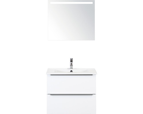 Set de meubles de salle de bains Sanox Pulse lxhxp 71 x 170 x 51 cm couleur de façade blanc haute brillance avec vasque en céramique blanc et meuble sous vasque vasque en céramique miroir avec éclairage LED