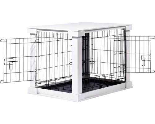 Cage pour chien avec deux portes grillagées ouvertes et cadre blanc