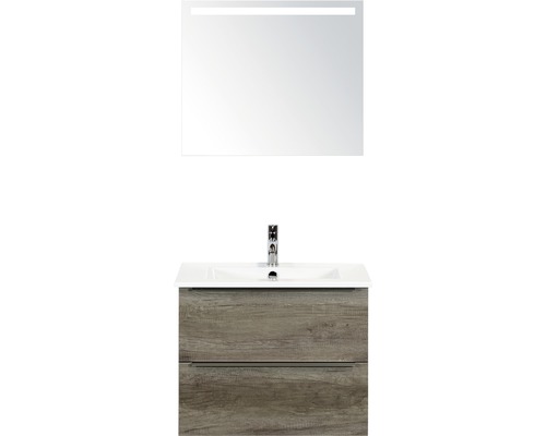 Badmöbel-Set Sanox Pulse BxHxT 71 x 170 x 51 cm Frontfarbe nebraska oak mit Waschtisch Keramik weiß und Waschtischunterschrank Waschtisch Spiegel mit LED-Beleuchtung