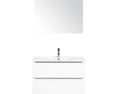 Set de meubles de salle de bains Sanox Pulse lxhxp 91 x 170 x 51 cm couleur de façade blanc haute brillance avec vasque en céramique blanc et meuble sous vasque vasque miroir