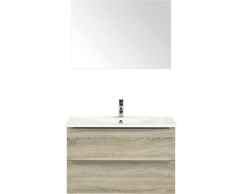 Badmöbel-Set Sanox Pulse BxHxT 91 x 170 x 51 cm Frontfarbe eiche grau mit Waschtisch Keramik weiß und Waschtischunterschrank Waschtisch Spiegel