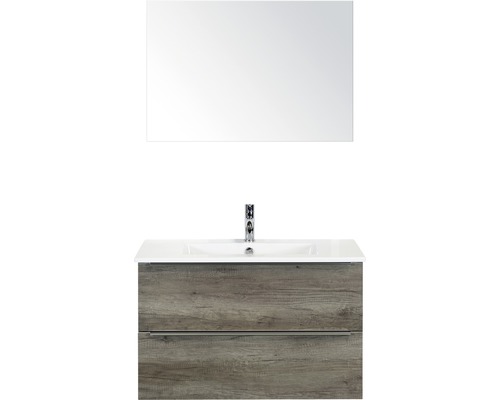 Badmöbel-Set Sanox Pulse BxHxT 91 x 170 x 51 cm Frontfarbe nebraska oak mit Waschtisch Keramik weiß und Waschtischunterschrank Waschtisch Spiegel