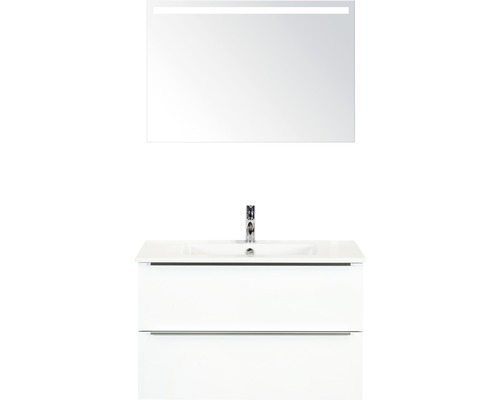 Badmöbel-Set Sanox Pulse BxHxT 91 x 170 x 51 cm Frontfarbe weiß hochglanz mit Waschtisch Keramik weiß und Waschtischunterschrank Waschtisch Spiegel mit LED-Beleuchtung