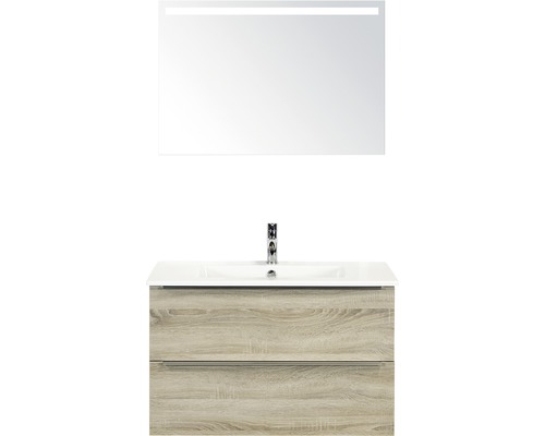Set de meubles de salle de bains Sanox Pulse lxhxp 91 x 170 x 51 cm couleur de façade chêne gris avec vasque en céramique blanc et meuble sous vasque vasque miroir avec éclairage LED