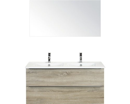 Doppelbadmöbel Sanox Pulse BxHxT 121 x 170 x 51 cm Frontfarbe eiche grau mit Waschtisch Keramik weiß und Waschtischunterschrank Doppelwaschtisch Spiegel Griff chrom matt 84725816
