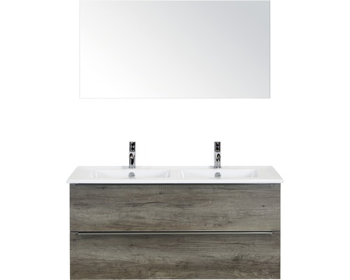 Set de meubles de salle de bains Sanox Pulse lxhxp 121 x 170 x 51 cm couleur de façade nebraska oak avec vasque en céramique blanc et meuble sous vasque double vasque miroir
