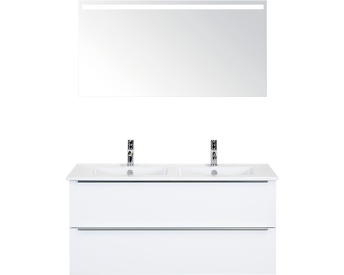 Doppelbadmöbel Sanox Pulse BxHxT 121 x 170 x 51 cm Frontfarbe weiß hochglanz mit Waschtisch Keramik weiß und Waschtischunterschrank Doppelwaschtisch Spiegel mit LED-Beleuchtung Griff chrom matt 84725901