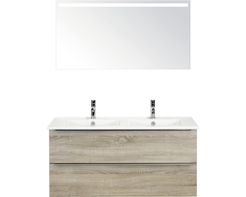 Doppelbadmöbel Sanox Pulse BxHxT 121 x 170 x 51 cm Frontfarbe eiche grau mit Waschtisch Keramik weiß und Waschtischunterschrank Doppelwaschtisch Spiegel mit LED-Beleuchtung Griff chrom matt 84725916
